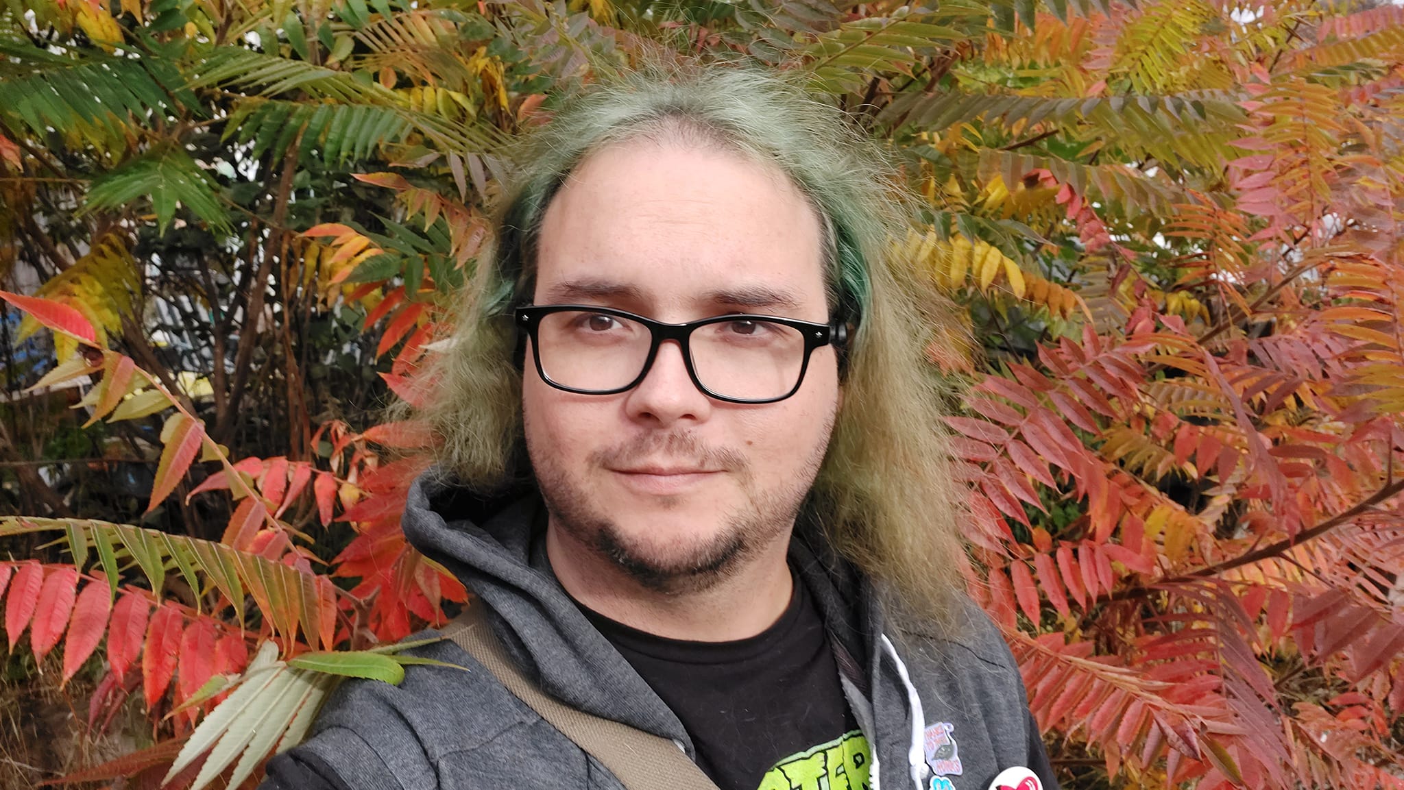 A man with long green hair stands in front of a sumac shrub which has leaves coloured from summer green to a bright autumn red